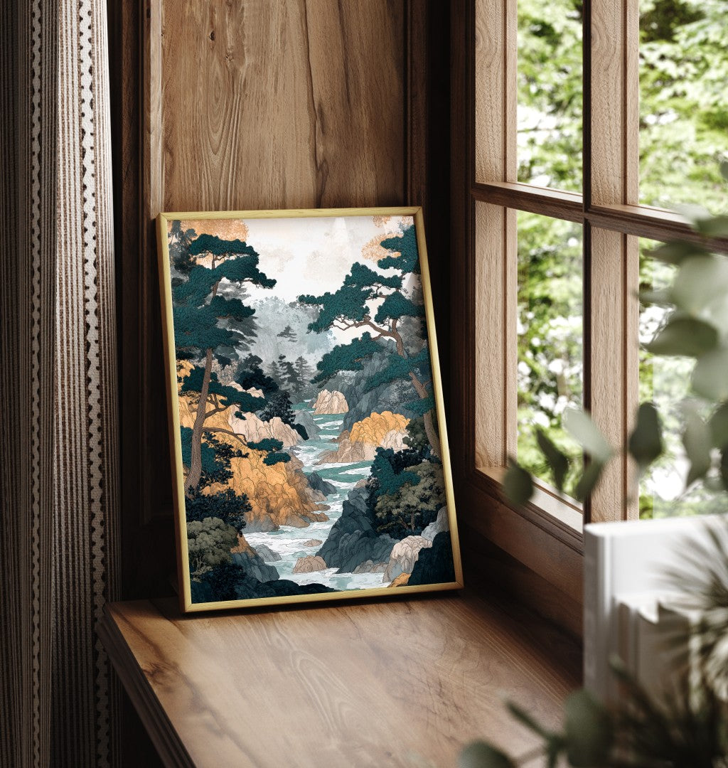Framed forest river art print with teal and gold modern landscape