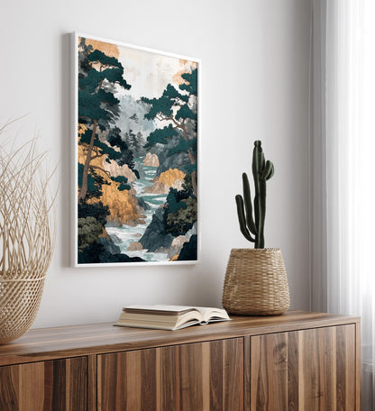 Modern landscape framed art print featuring forest, rocks, and stream