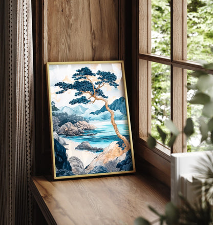 Framed coastal landscape art print with pine tree and blue ocean view