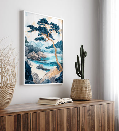 Modern seaside framed art print featuring pine tree, rocks, and mountains