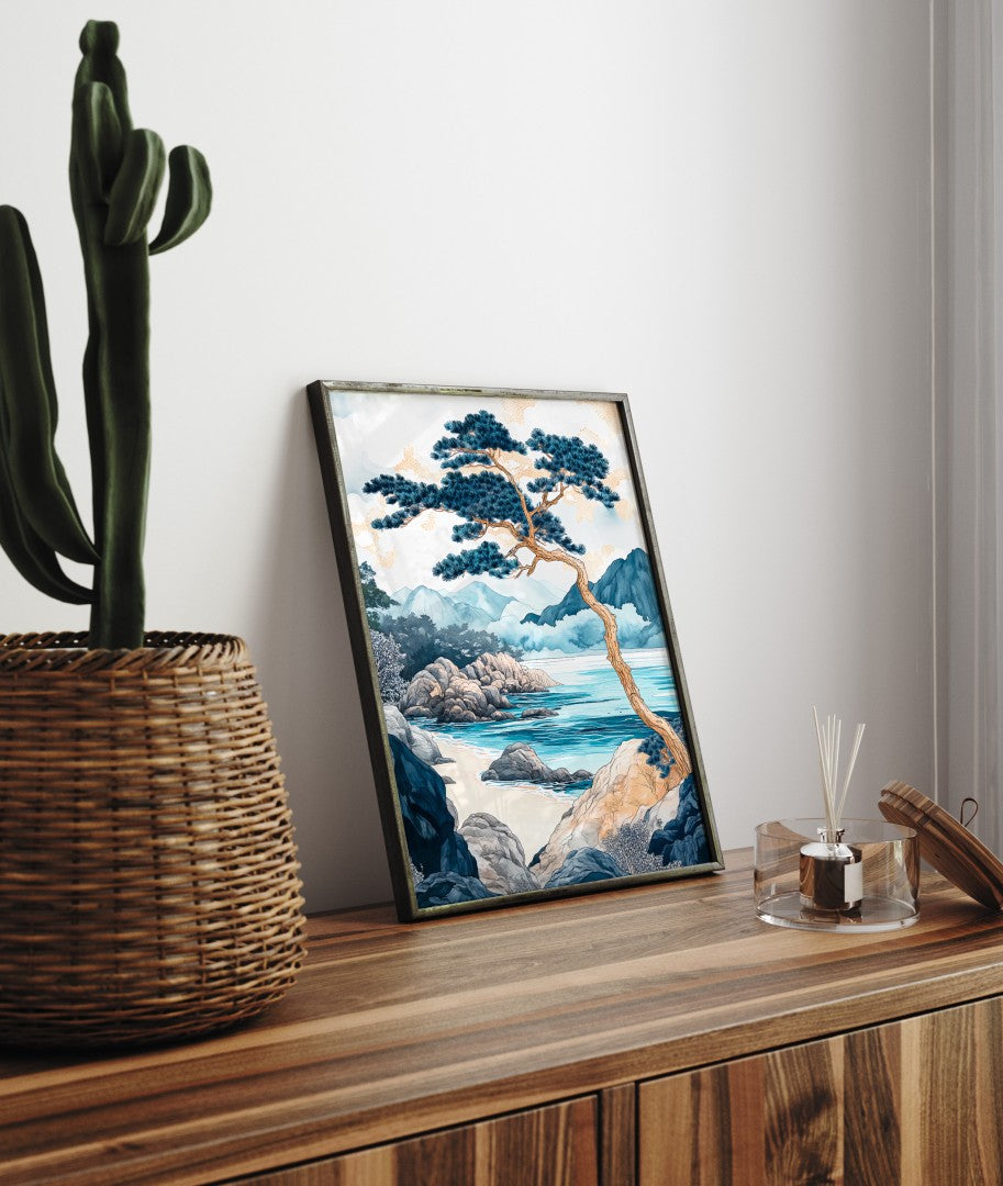 Nature inspired framed art print of coastal pine tree with ocean and cliffs