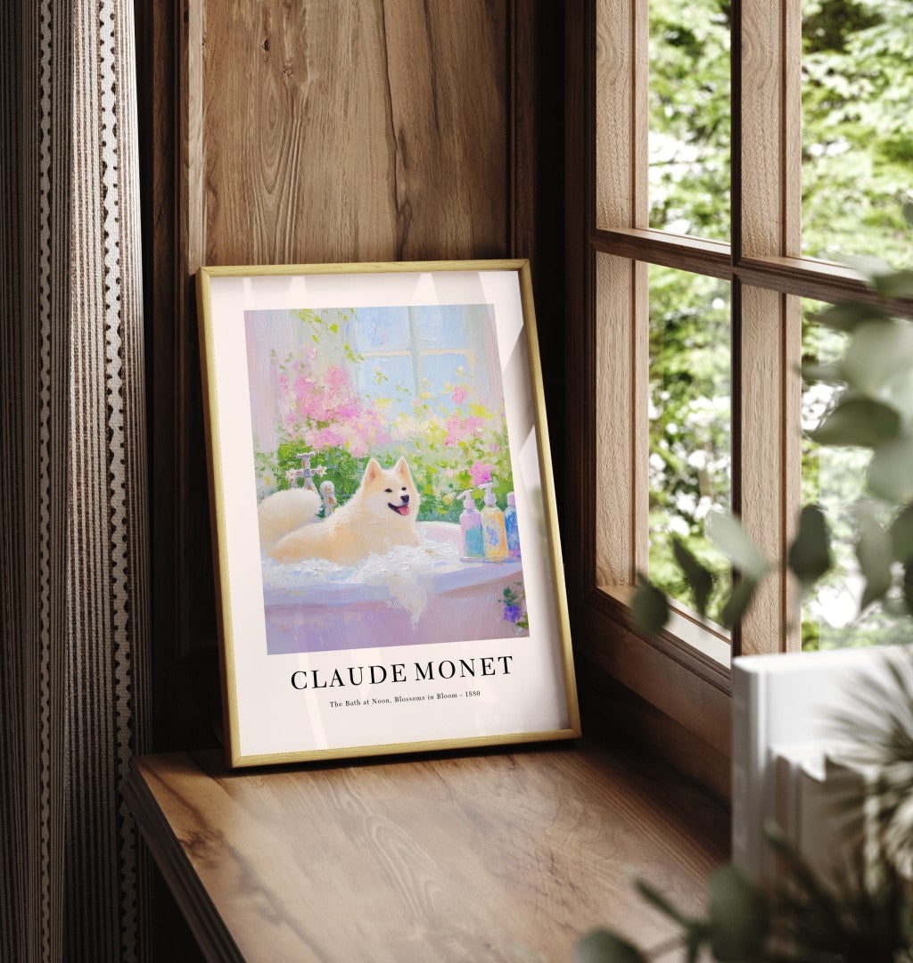 Framed Akita dog art print inspired by Monet with floral background