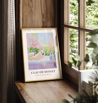 Framed Akita dog art print inspired by Monet with floral background