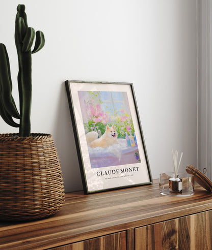 Playful Akita dog in blossoms framed art print in Monet inspired style