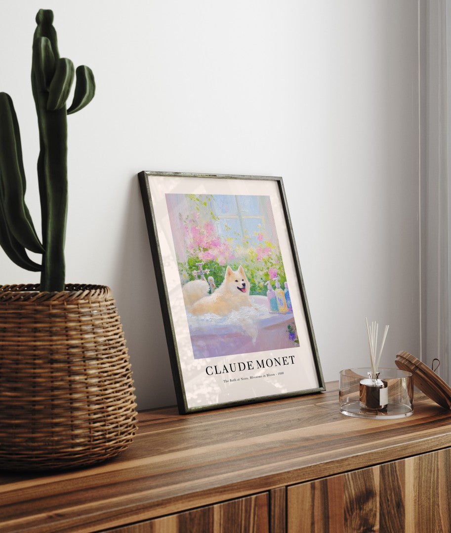 Playful Akita dog in blossoms framed art print in Monet inspired style
