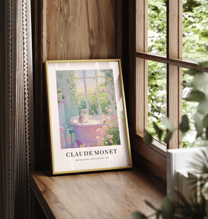 Framed barn owl bathroom wall art print inspired by Monet with floral scene