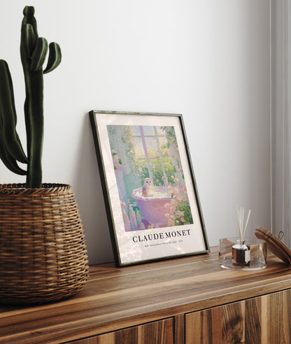 Barn owl in bathtub framed bathroom print in Monet inspired impressionist style