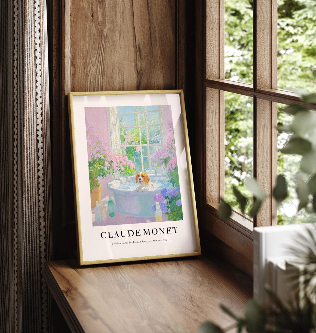Framed Beagle bathroom wall art print inspired by Monet with floral bathtub scene