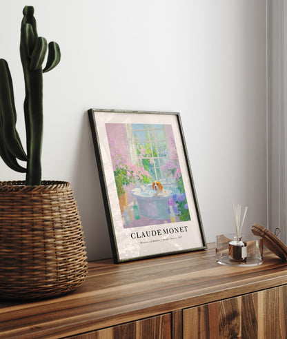 Beagle in bathtub framed bathroom print in Monet inspired impressionist style