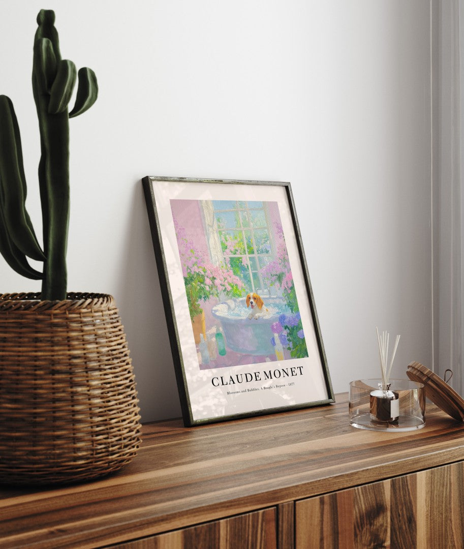 Beagle in bathtub framed bathroom print in Monet inspired impressionist style