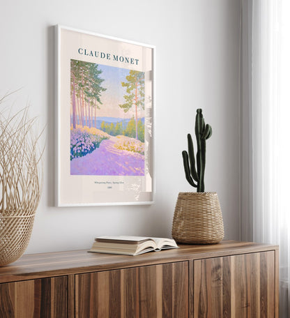 Impressionist pine trees framed art print with wildflowers and spring glow