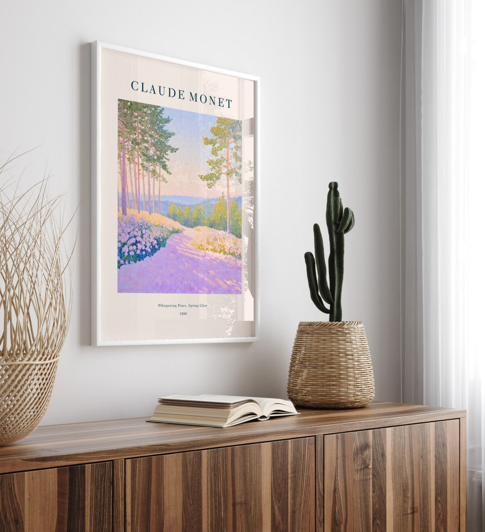 Impressionist pine trees framed art print with wildflowers and spring glow