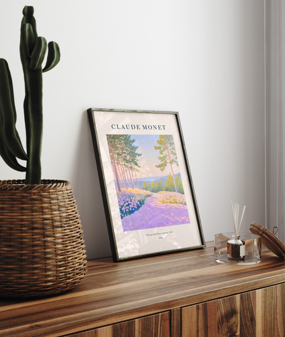 Claude Monet inspired pine forest landscape framed art print with pastel tones