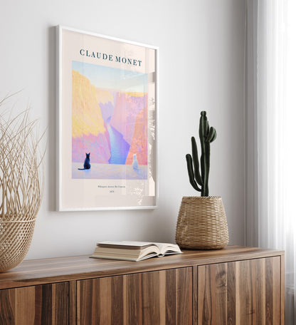 Whimsical cats framed art print overlooking canyon landscape in Monet style