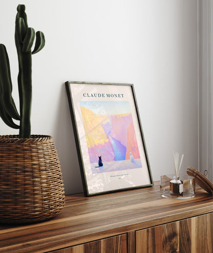 Claude Monet inspired canyon landscape framed art print with cats