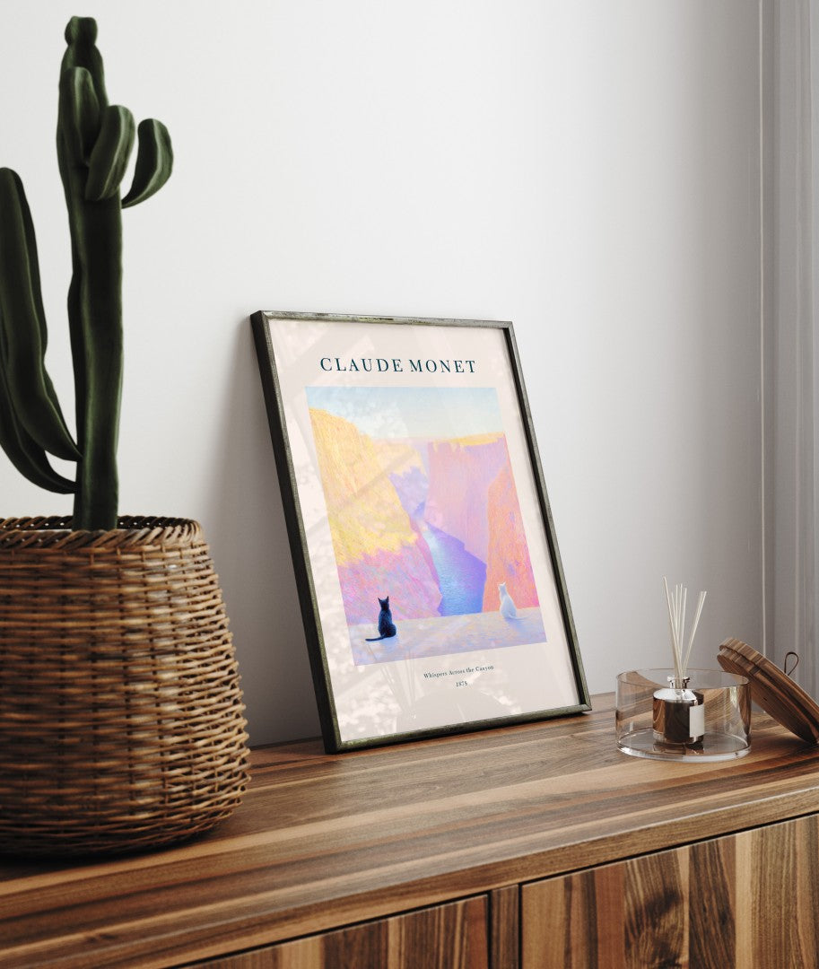 Claude Monet inspired canyon landscape framed art print with cats