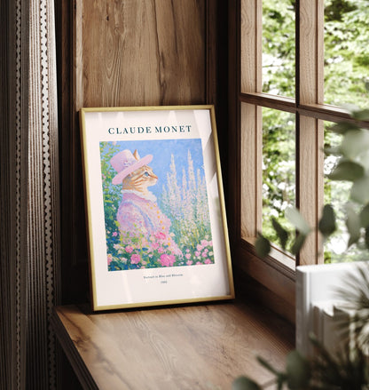 Framed cat portrait impressionist art print with blossoms in Monet style