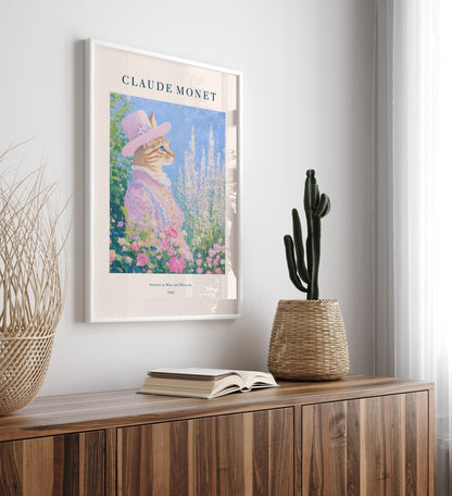 Whimsical cat in hat framed art print with impressionist floral background