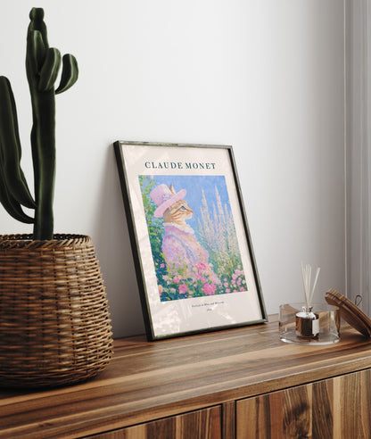 Claude Monet inspired cat portrait framed art print with pastel blossoms