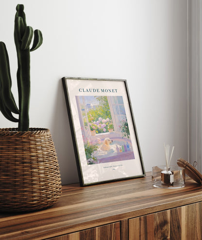 Labrador in bathtub framed bathroom print in Monet inspired impressionist style