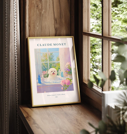 Framed Bichon Frise bathroom wall art print inspired by Monet with floral bath scene