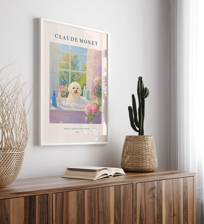 Impressionist Bichon Frise framed bathroom art print in Monet inspired style