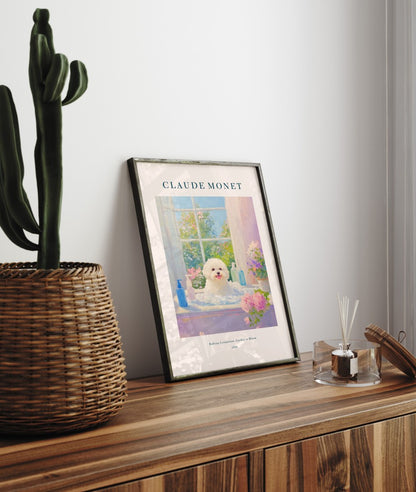Bichon Frise in bathtub framed bathroom print in Monet inspired impressionist style