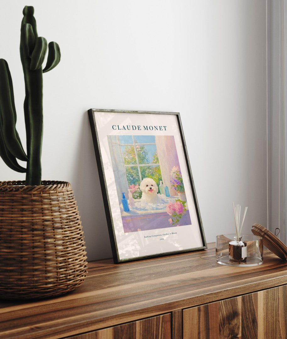 Bichon Frise in bathtub framed bathroom print in Monet inspired impressionist style