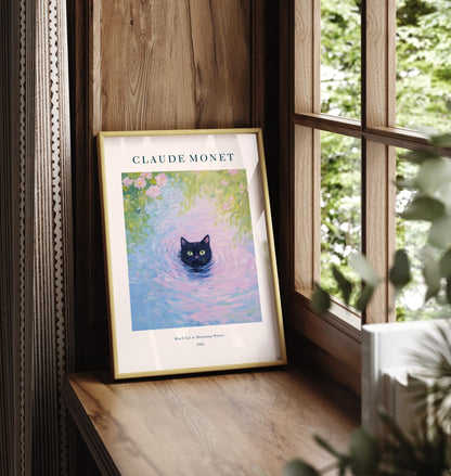 Framed black cat impressionist art print floating in blooming waters