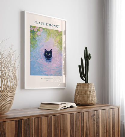 Whimsical black cat framed art print in Monet style with rippling water