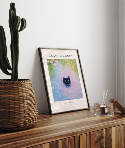 Claude Monet inspired black cat in water framed art print with blossoms
