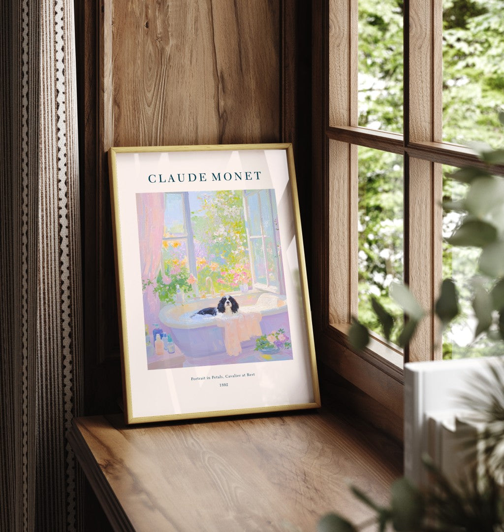 Framed Cavalier King Charles Spaniel bathroom wall art with Monet floral bath design