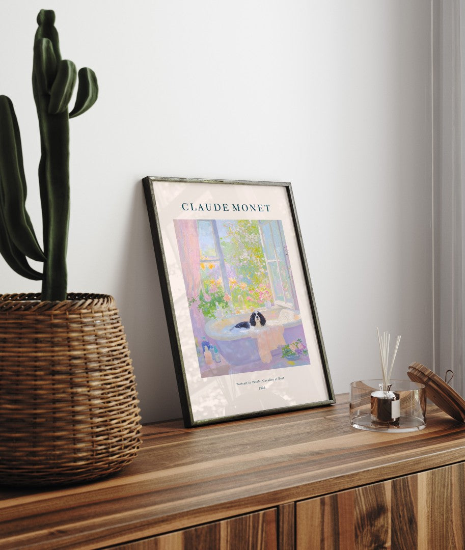Cavalier King Charles Spaniel dog in bathtub Monet inspired bathroom print