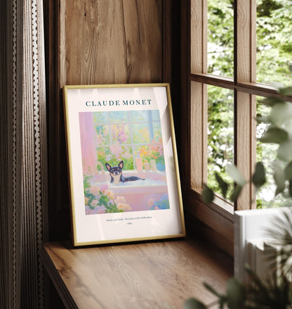 Framed Chihuahua bathroom wall art with floral Monet bathtub scene