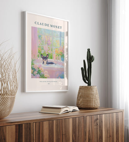Impressionist Chihuahua framed bathroom print with Monet style blossoms