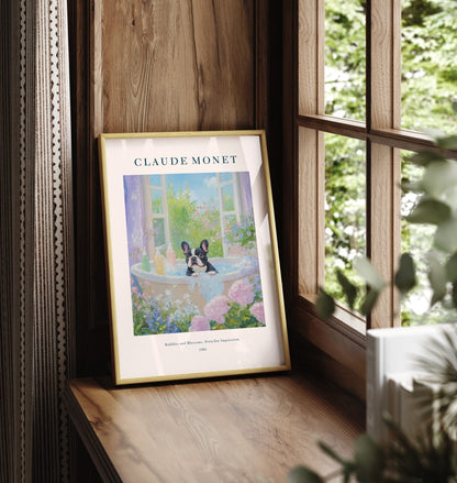 Framed Frenchie bathroom wall art with Monet style blossoms and bathtub