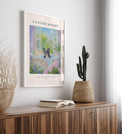 Claude Monet French Bulldog bathroom print with pastel flowers