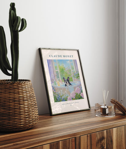 Frenchie dog in bathtub impressionist Monet bathroom wall decor