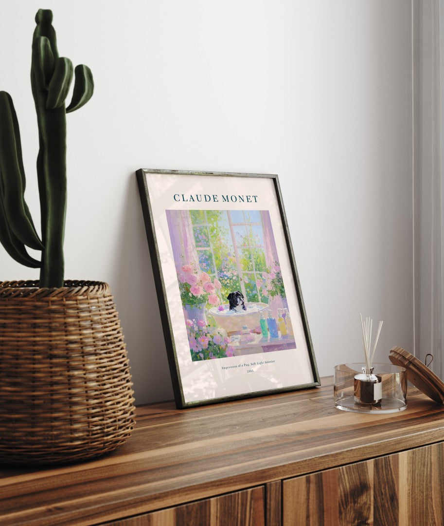 Whimsical Claude Monet Pug bathroom print with blossoms and bath