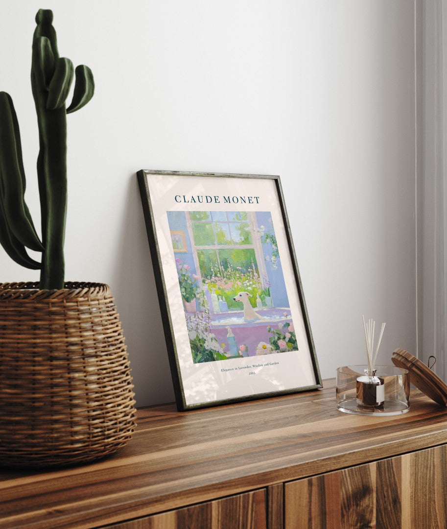 Whimsical Monet Borzoi bathroom print with blossoms and bath