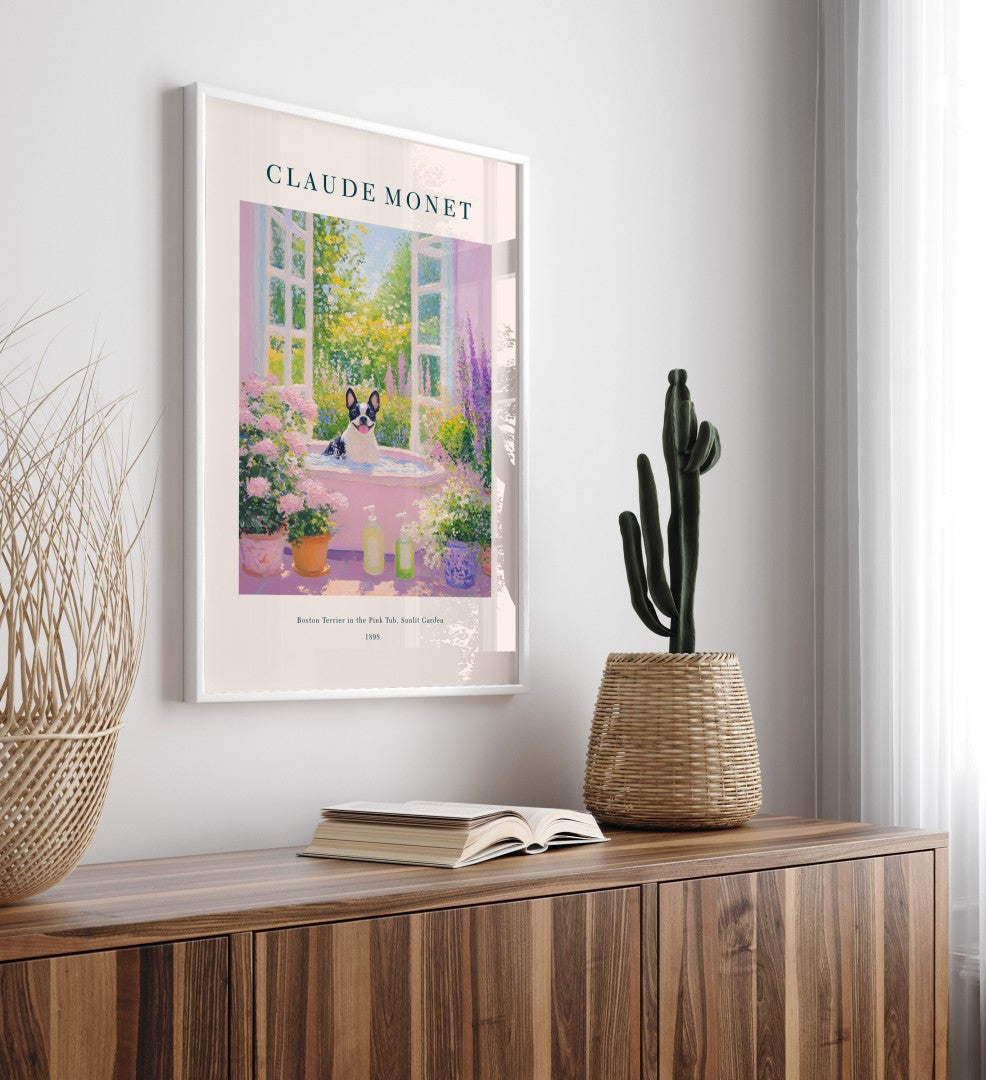 Impressionist Boston Terrier bathroom print garden blossoms