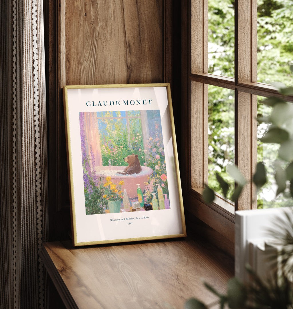 Framed Monet bear in tub surrounded by flowers, bathroom wall art print