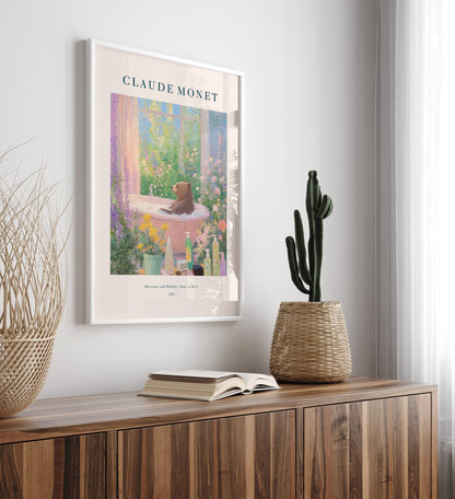 Impressionist bear soaking in bathtub , framed bathroom art print