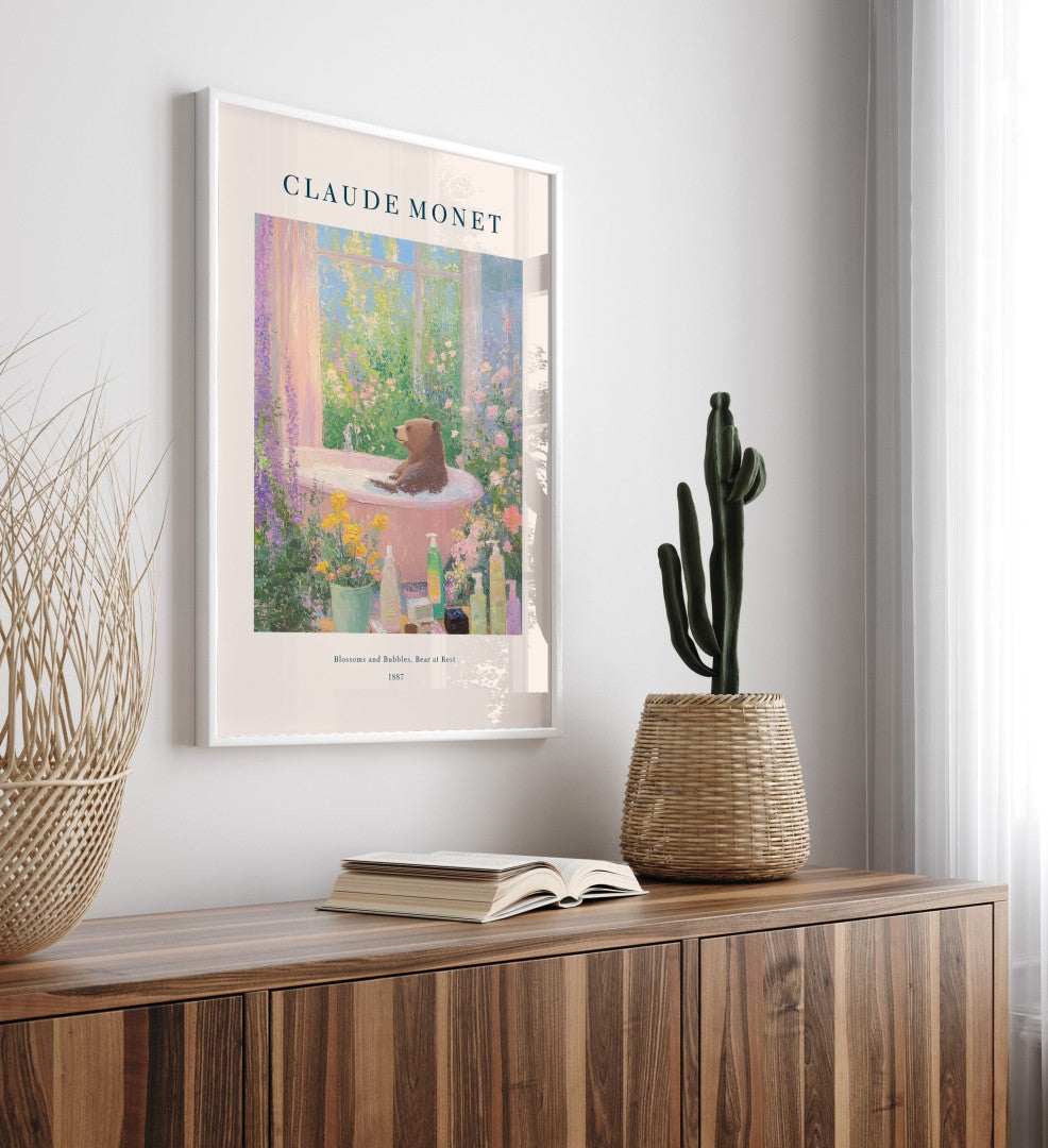 Impressionist bear soaking in bathtub , framed bathroom art print