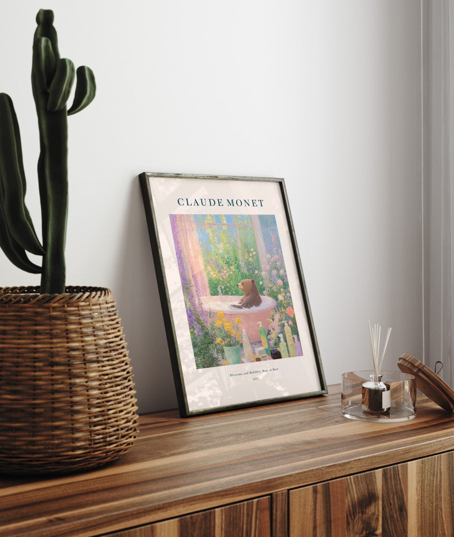 Whimsical Monet style bear in bath scene framed bathroom print wall art