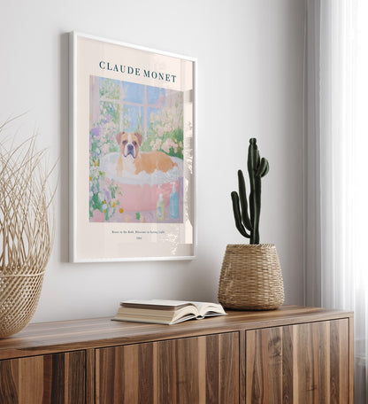 Boxer soaking in bubble bath, surrounded by spring flowers, framed bathroom art print
