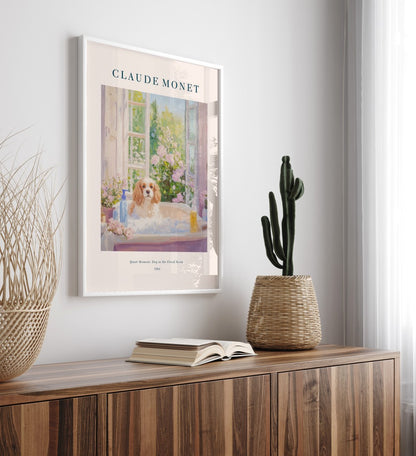 Cavalier King Charles Spaniel soaking in tub, surrounded by flowers, framed bathroom art print