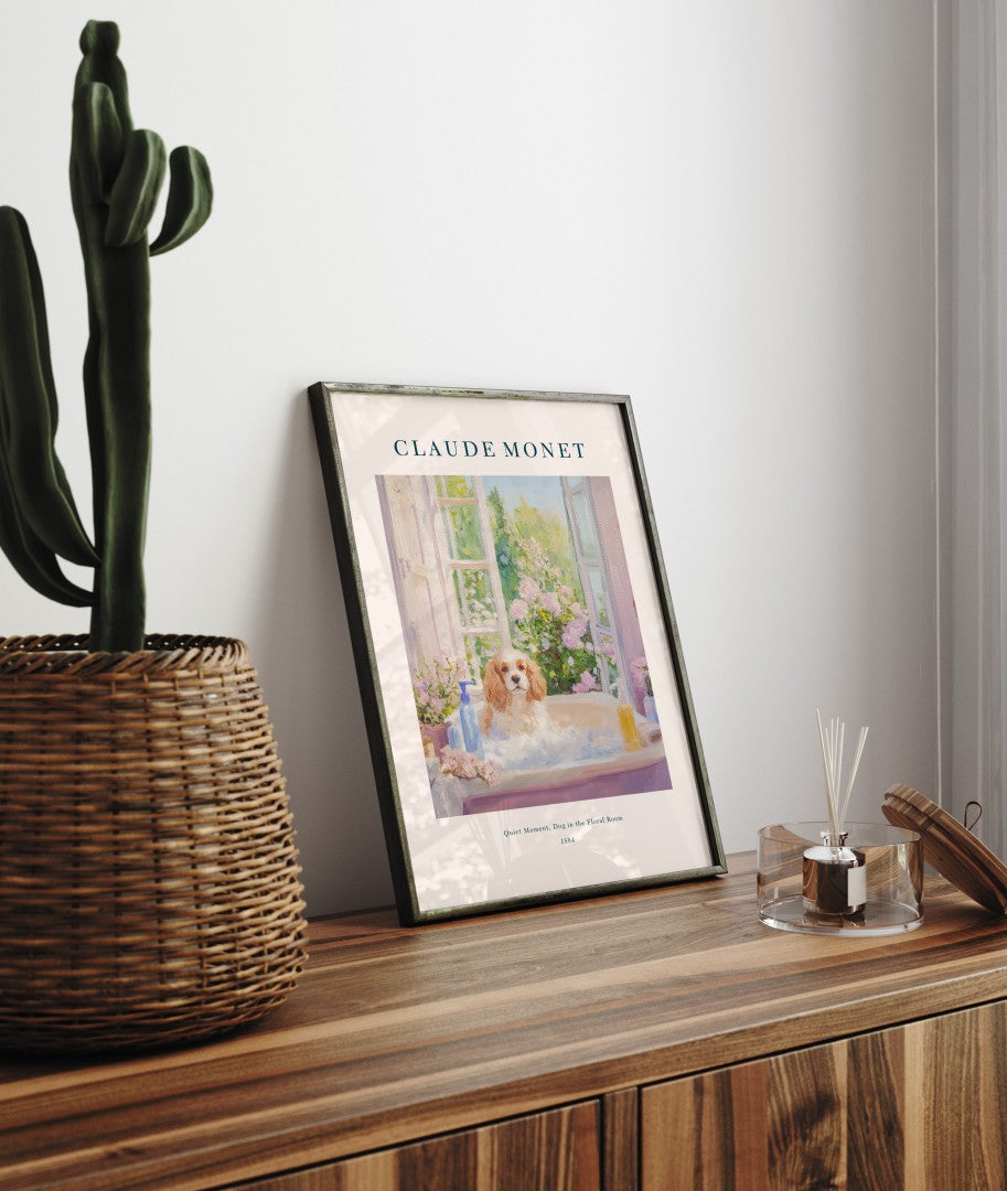 Monet-inspired Cavalier dog in pastel bath scene, framed bathroom print wall art