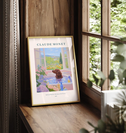 Framed Cocker Spaniel dog in bath surrounded by flowers, impressionist bathroom wall art print