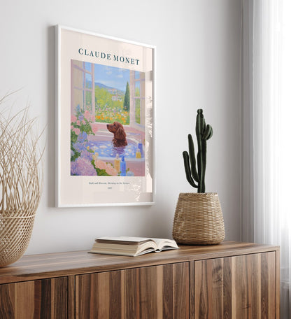 Cocker Spaniel relaxing in tub on terrace, floral impressionist framed bathroom art print
